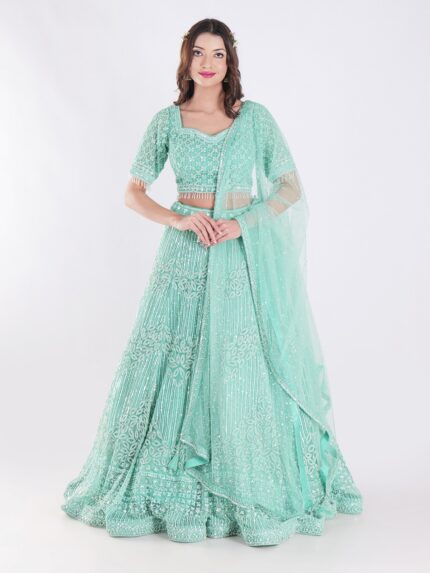 Stunning Mint Green Intricate Embroidery With Silver Sequins And Beads Shimmering Effect Bridal Lehenga Set