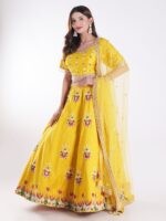 Vibrant Yellow Round Neckline And Short Sleeves Mehndi Designer Lehenga Set