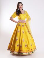 Vibrant Yellow Round Neckline And Short Sleeves Mehndi Designer Lehenga Set