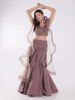 Sleeveless Crop Top With Intricate Gold Embroidery Skirt Cocktail Indowestern Lehenga Set