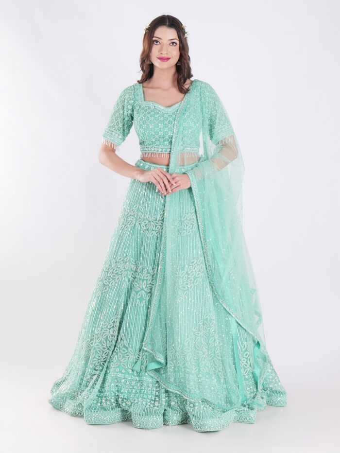 Stunning Mint Green Intricate Embroidery With Silver Sequins And Beads Shimmering Effect Bridal Lehenga Set - Image 1
