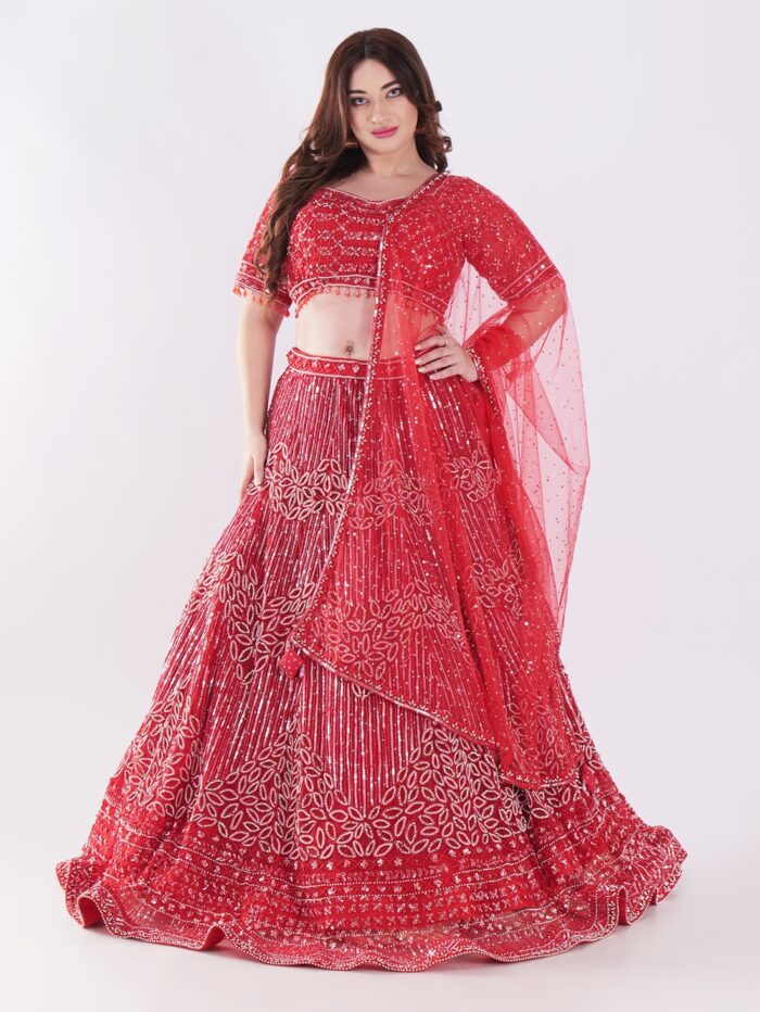 1-11.jpg Stunning Red and Silver Intricate Embroidery With Silver Sequins And Beads Shimmering Effect Bridal Lehenga Set - Image 1