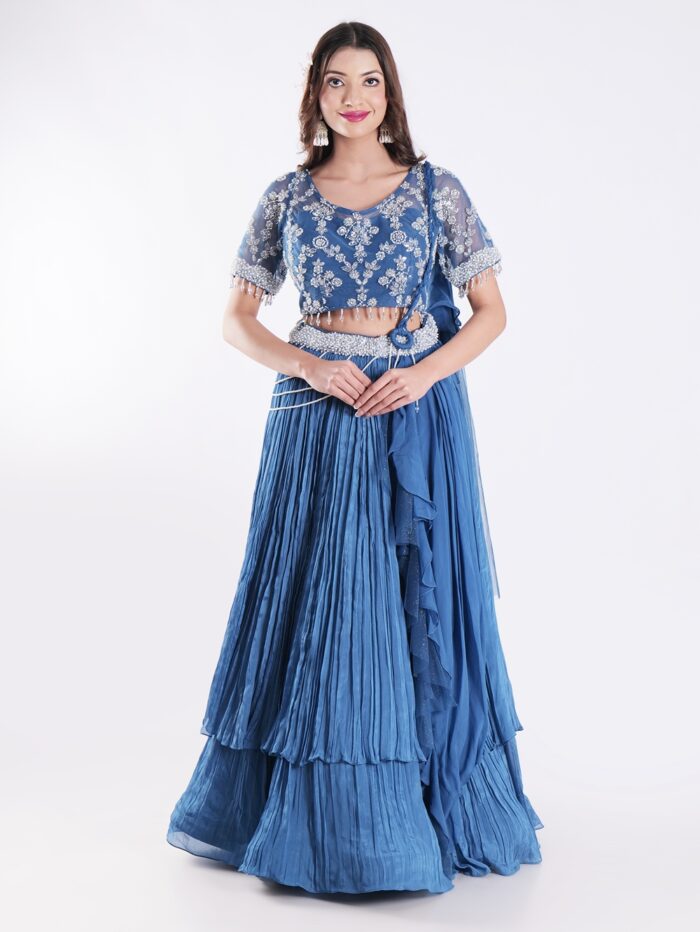 1-12.jpg Beautiful Blue Outfit Adorned With Intricate Silver Embroidered Indo Western Lehenga Set - Image 1
