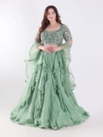Sage Green With Intricate Silver And Emerald Green Embellishments Ruffled Lehenga Set