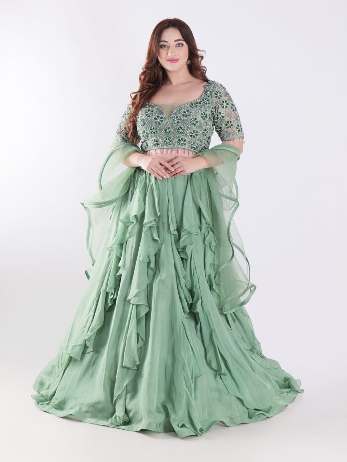 Sage Green With Intricate Silver And Emerald Green Embellishments Ruffled Lehenga Set - Image 1