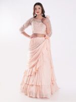 Beautiful Peach Colored Embroidered Crop Top Outfit Ruffle Drape Lehenga Set