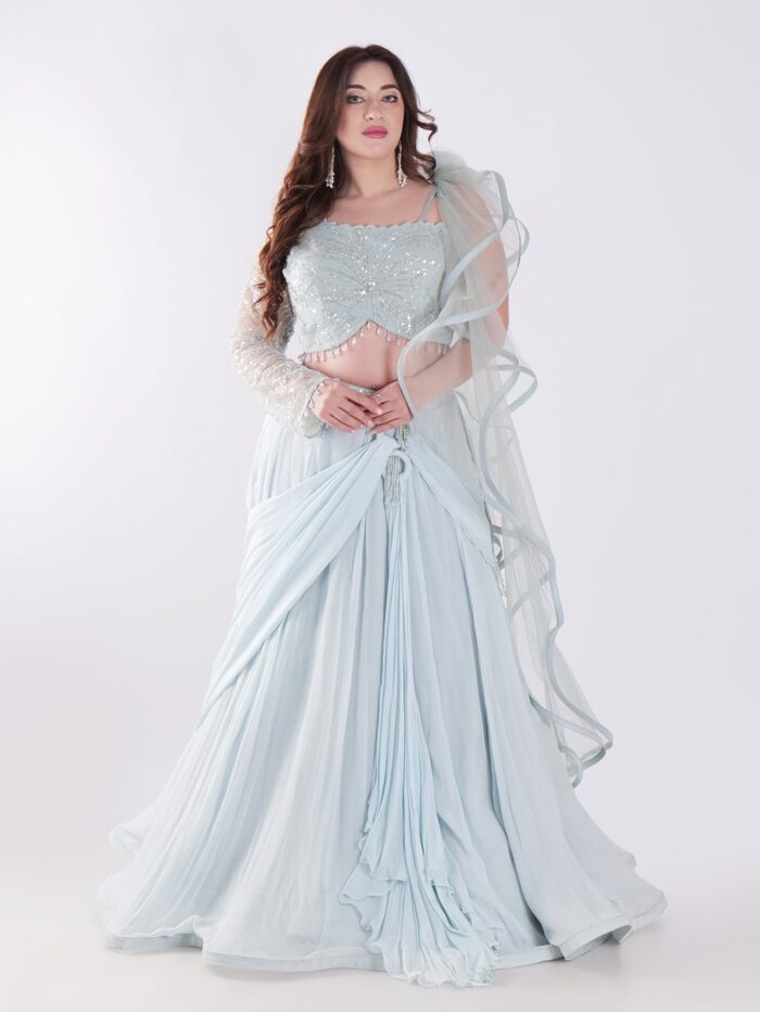 Beautiful Light Blue Flowing With A Delicate Embellished Bodice Indowestern Lehenga Choli Set - Image 1