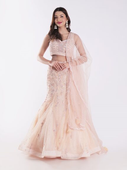 Elevate Your Ethnic Wardrobe With Our Peach Colored Cocktail Fish Cut Style Lehenga Set