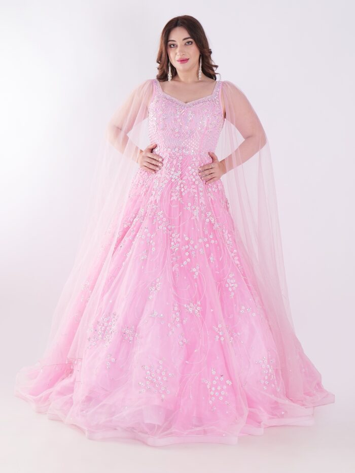 Delicate Floral Pattern And Shimmering Embellishments Pink Color Party Wear Gown - Image 1