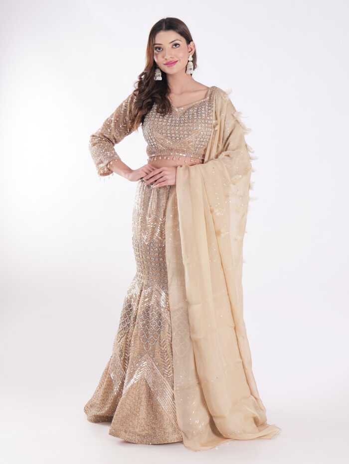 1-18.jpg Sparkling Gold And Silver Outfit Covered In Sequins And Beads Cocktail Fish Cut Lehenga Set - Image 1
