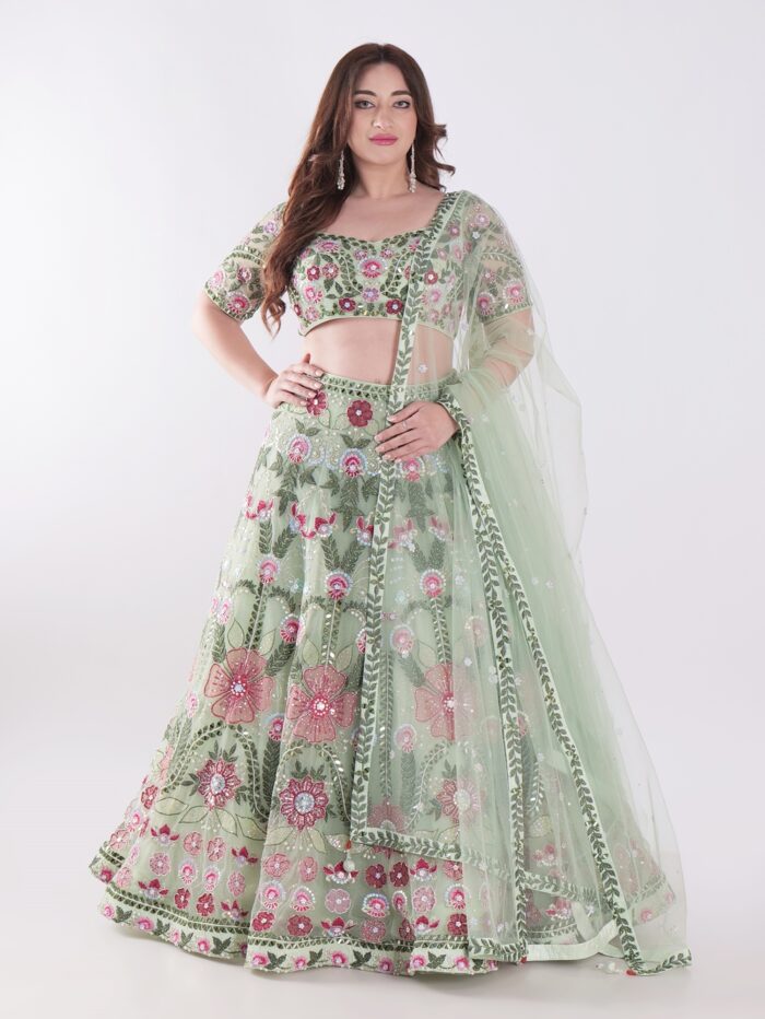 Stunning Green Traditional South Asian Outfit Intricate Floral Embroidery In Shades Of Pink Party Wear Lehenga Choli - Image 1