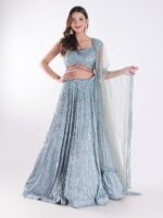 Stunning Blue And Silver Sequined Shimmering Effect Backless Party Wear Lehenga Set