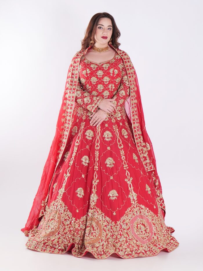 1-23.jpg Intricate Gold Embroidery Stunning Floral Vibrant Red Bridal Lehenga Set - Image 1