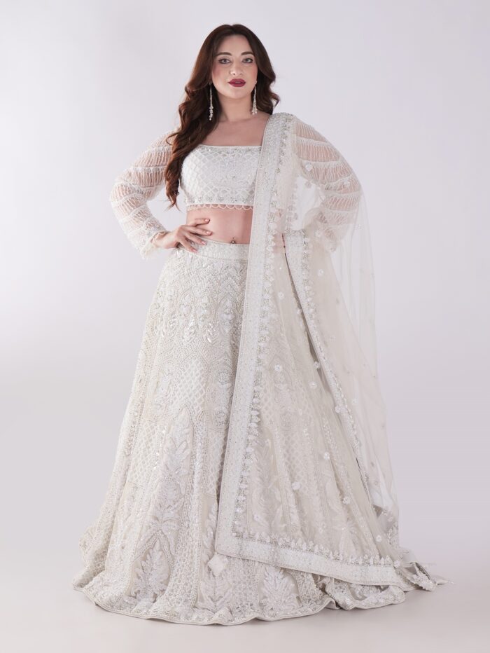 Delicate Floral Patterns And Sparkling Embellishments With Shimmering Effect Engagement Luxury Lehenga Set - Image 1