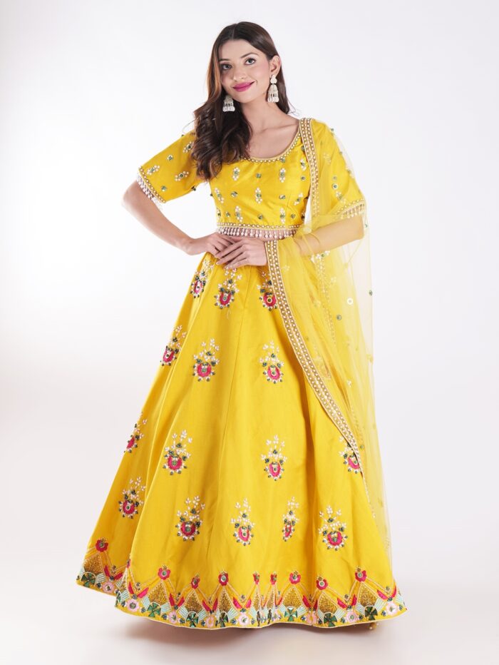 Vibrant Yellow Round Neckline And Short Sleeves Mehandi Designer Lehenga Set - Image 1
