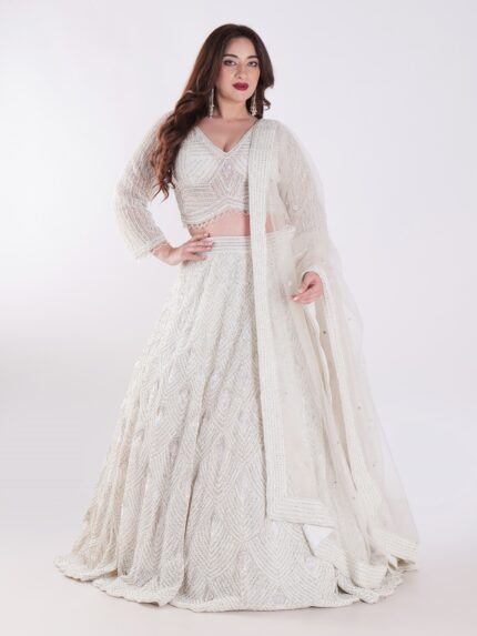 Net Embroidered White Intricately Beaded Party Wear Luxury Lehenga Set