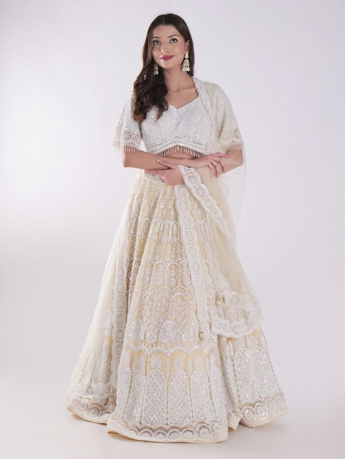 Net Embordered White and Cream Intricately Beaded Party Wear Luxury Lehenga Set - Image 1