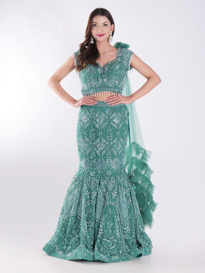 1-31.jpg Teal Colored Cocktail Party Wear Fish Cut Style Lehenga Set - Image 1