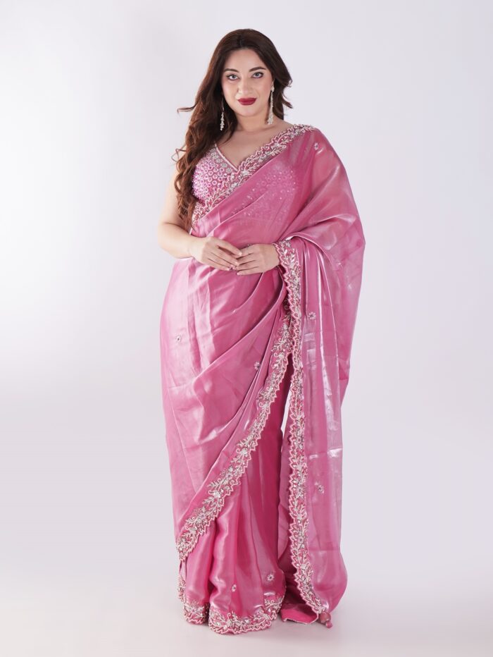 Beautiful Pink Saree With Intricate Silver Embroidery Party Wear Saree - Image 1