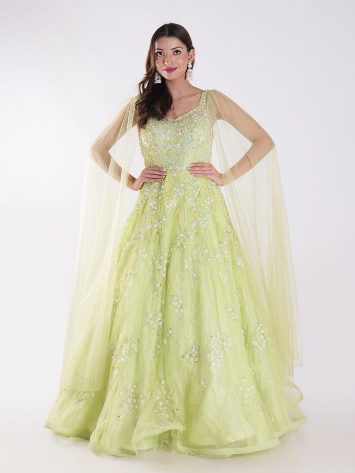 1-35.jpg A Beautiful Light Green With Delicate Embroidery And Embellishment Cocktail Party Wear Gown - Image 1