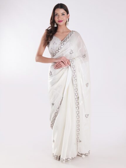 White Party Wear Saree With Silver Embroidery