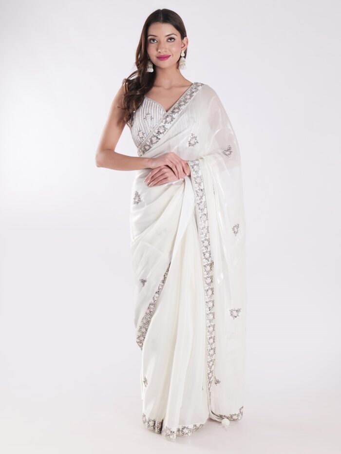 White Party Wear Saree With Silver Embroidery - Image 1