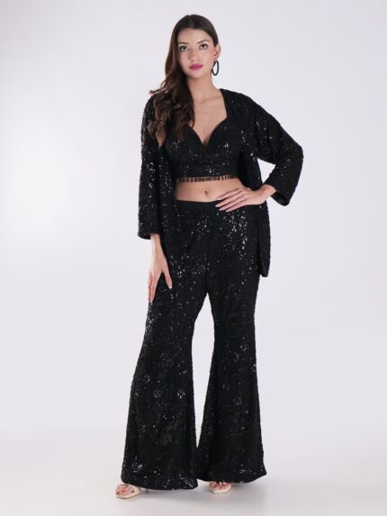 Sequined Crop Top With A Plunging Neckline Shrug Top Bell Bottom Suits