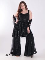 Black Sequined Outfit Peplum Top With Bell Bottom Sharara Suit