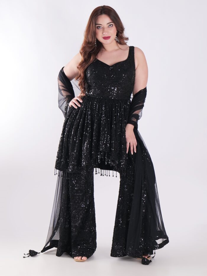 Black Sequined Outfit Peplum Top With Bell Bottom Sharara Suit - Image 1