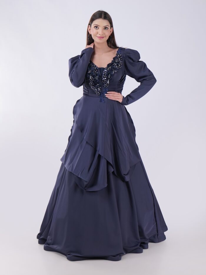 Elegant Navy Blue Gown with Embellished Neckline Luxury For Grand Occasions - Image 1