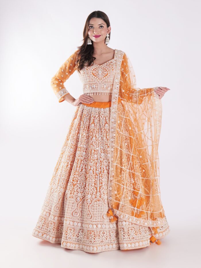 Beautiful Orange And White Designer Lehenga Choli Set - Image 1