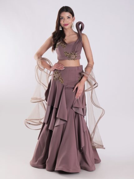 Sleeveless Crop Top With Intricate Gold Embroidery Skirt Cocktail Indowestern Lehenga Set