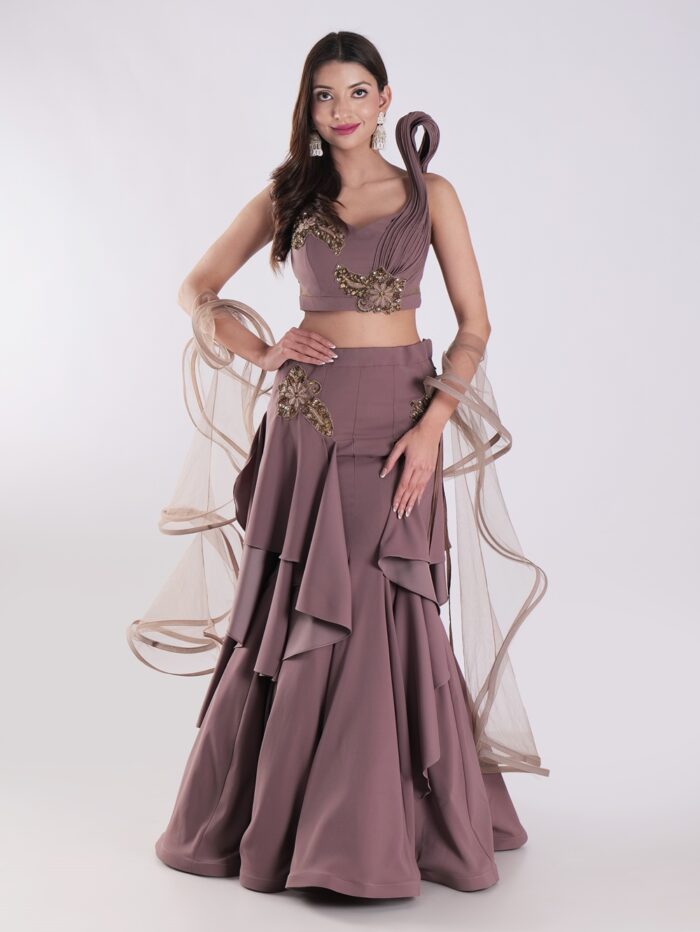 Sleeveless Crop Top With Intricate Gold Embroidery Skirt Cocktail Indowestern Lehenga Set - Image 1