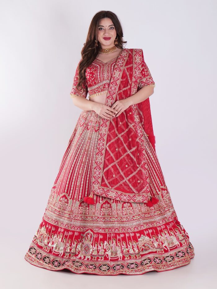 Heavily Embellished With Sequins And Pearls Crimson Red Embroidered Silk Exclusive Bridal Lehenga Set - Image 1