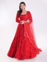 Backdrop Adorned In A Vibrant Red Party Wear Lehenga Choli Set