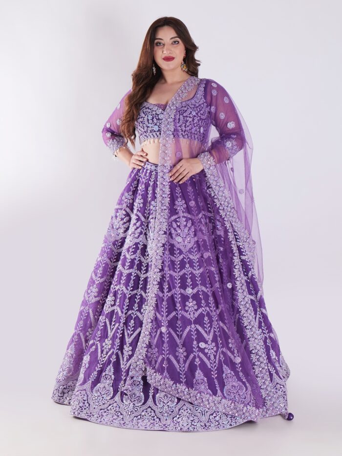 1-49.jpg Stunning Lavender Purple Embroidered Net Lehenga Choli Set - Image 1