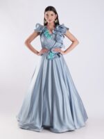 Elegant Sky Blue Designer Gown with Ruffle Detailing and Floral Embellishments