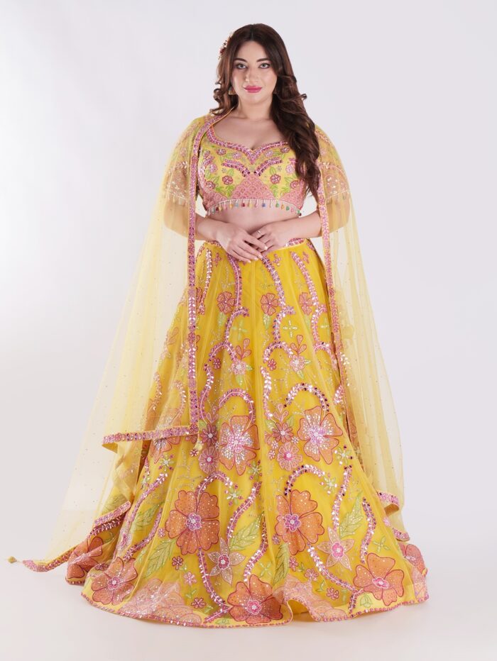 Radiate Sunshine In Style Yellow Floral Embroidered Mirror Work Lehenga Choli Set - Image 1