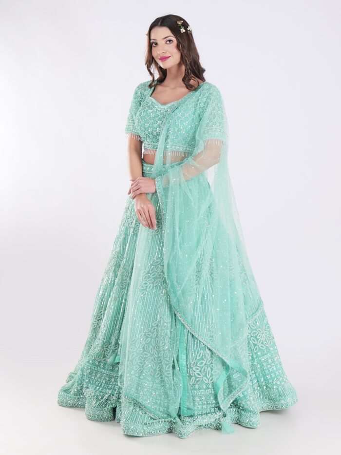 Stunning Mint Green Intricate Embroidery With Silver Sequins And Beads Shimmering Effect Bridal Lehenga Set - Image 3