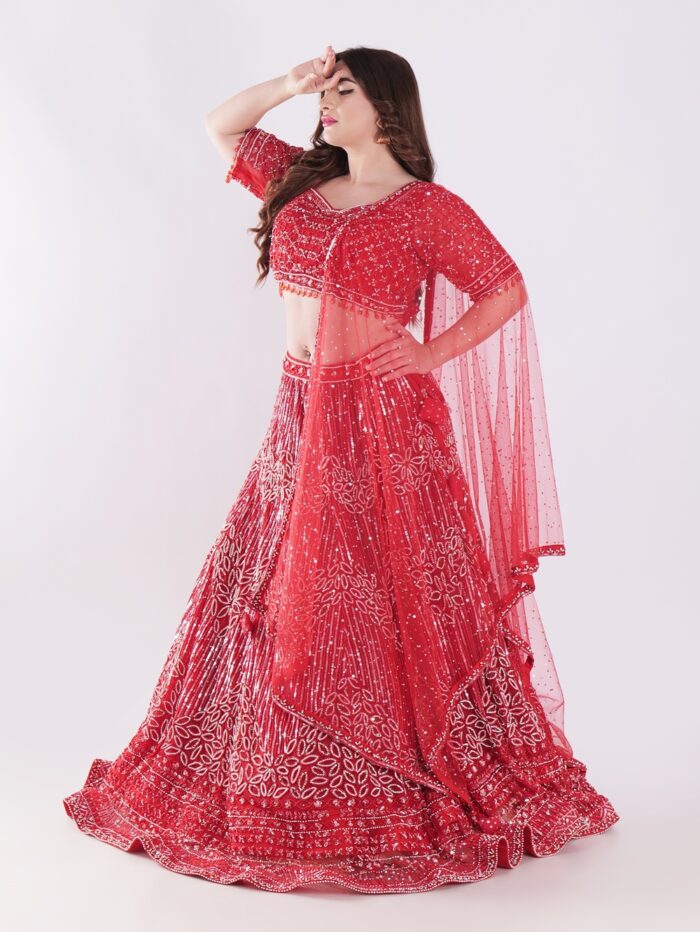 Stunning Red and Silver Intricate Embroidery With Silver Sequins And Beads Shimmering Effect Bridal Lehenga Set - Image 3