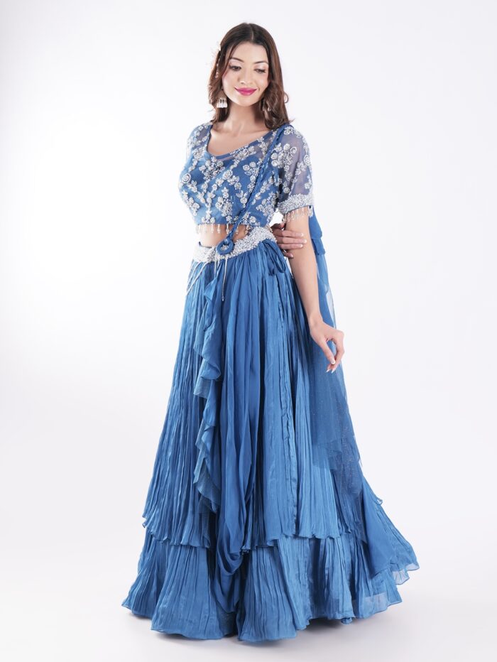 Beautiful Blue Outfit Adorned With Intricate Silver Embroidered  Indo Western Lehenga Set - Image 3