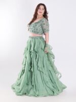 Sage Green With Intricate Silver And Emerald Green Embellishments Ruffled Lehenga Set - Image 3
