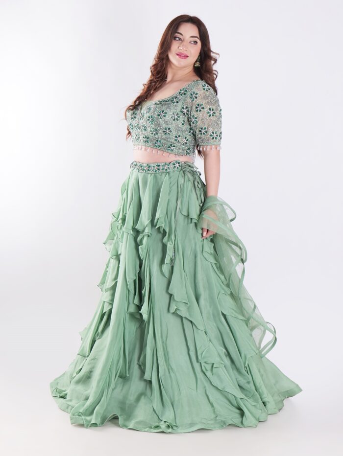 Sage Green With Intricate Silver And Emerald Green Embellishments Ruffled Lehenga Set - Image 3