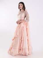 Beautiful Peach Colored Embroidered Crop Top Outfit Ruffle Drape Lehenga Set - Image 3