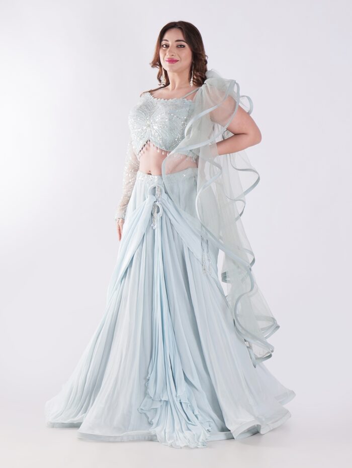 Beautiful Light Blue Flowing With A Delicate Embellished Bodice Indowestern Lehenga Choli Set - Image 3