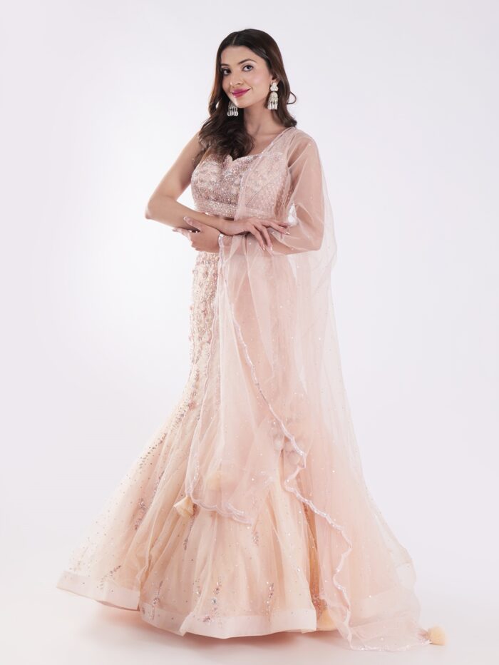 Elevate Your Ethnic Wardrobe With Our Peach Colored Cocktail Fish Cut Style Lehenga Set - Image 3