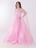 Delicate Floral Pattern And Shimmering Embellishments Pink Color Party Wear Gown - Image 3