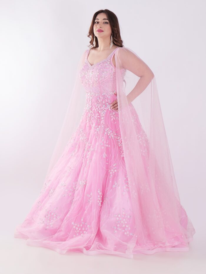 Delicate Floral Pattern And Shimmering Embellishments Pink Color Party Wear Gown - Image 3