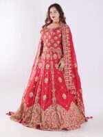 Intricate Gold Embroidery Stunning Floral Vibrant Red Bridal Lehenga Set - Image 3