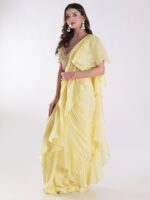 Vibrant Yellow Saree With A Ruffled Design And Golden Embellished Blouse With A Plunging Neckline - Image 3